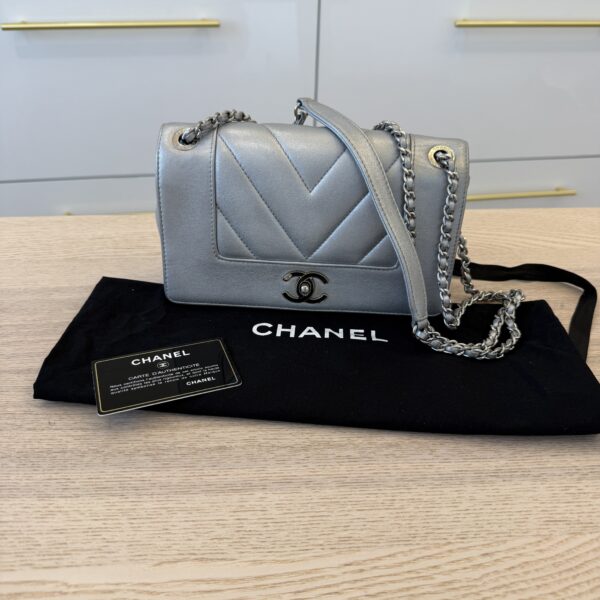 Chanel Silver Chevron Mademoiselle Vintage Flap Bag