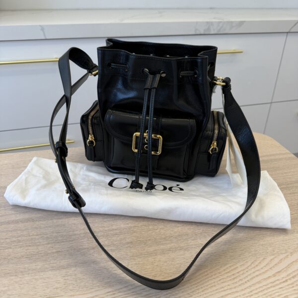 Chloe Camera Bucket Crossbody Bag in Shiny Calfskin Black