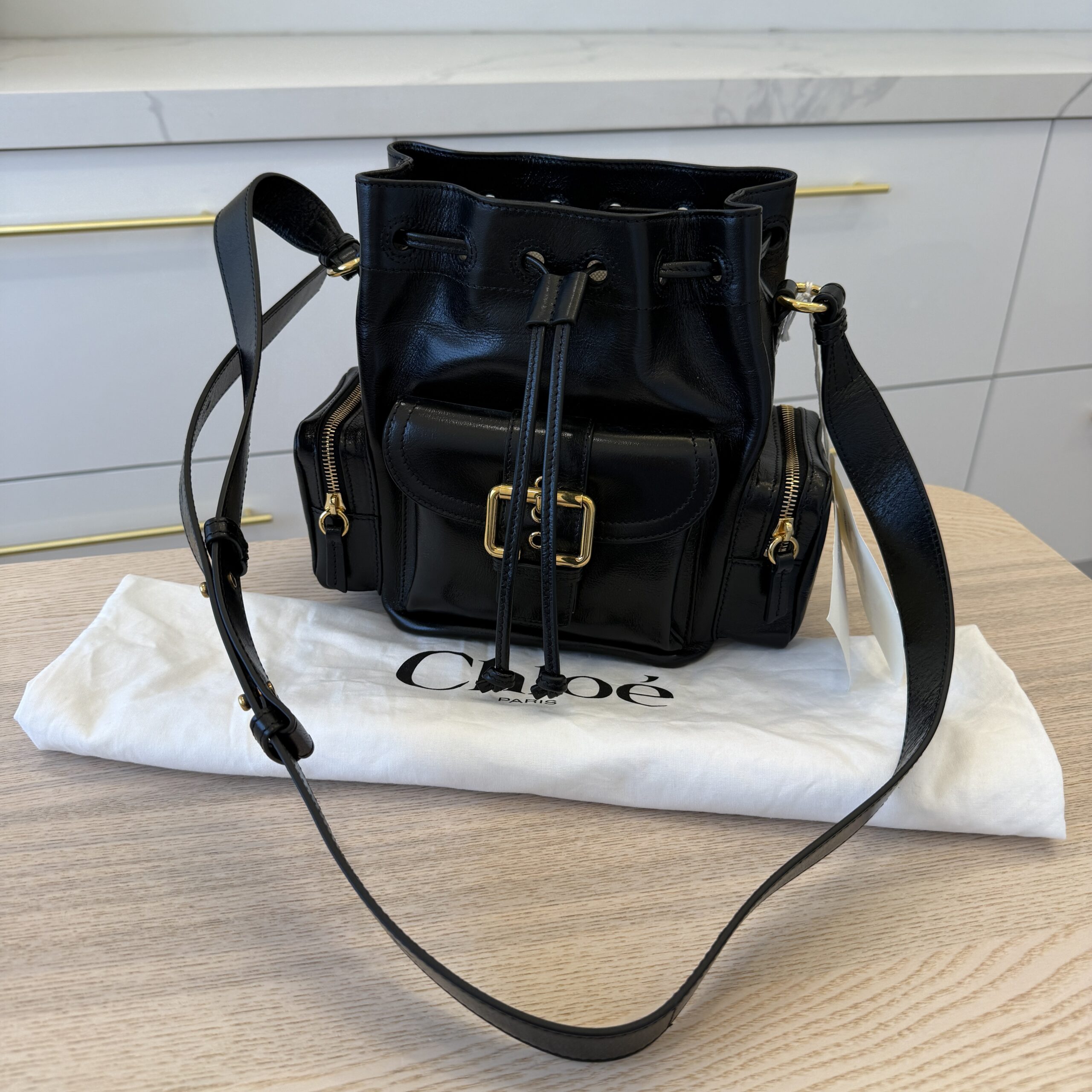 Chloe Camera Bucket Crossbody Bag in Shiny Calfskin Black