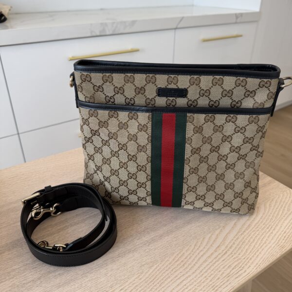 Gucci GG Monogram Web Flat Messenger Bag Black