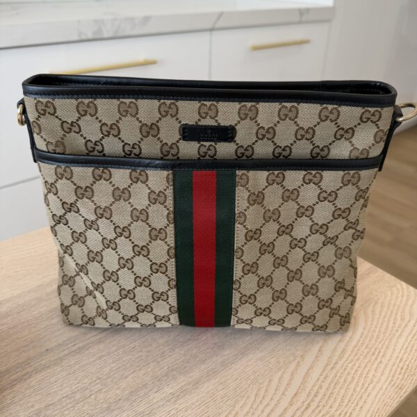 Gucci GG Monogram Web Flat Messenger Bag Black