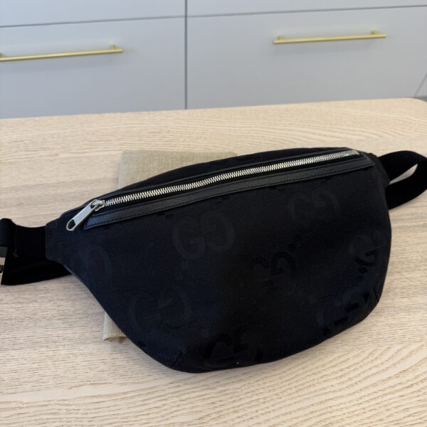 Gucci Monogram Jumbo GG Textured Dollar Calfskin Web Belt Bag Black