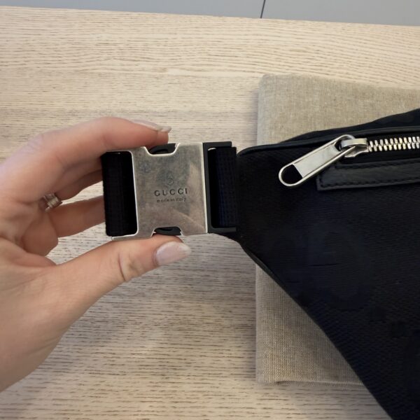 Gucci Monogram Jumbo GG Textured Dollar Calfskin Web Belt Bag Black
