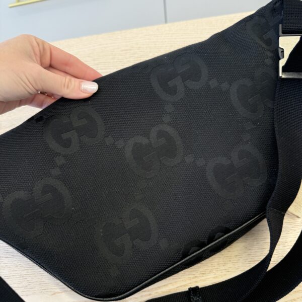 Gucci Monogram Jumbo GG Textured Dollar Calfskin Web Belt Bag Black