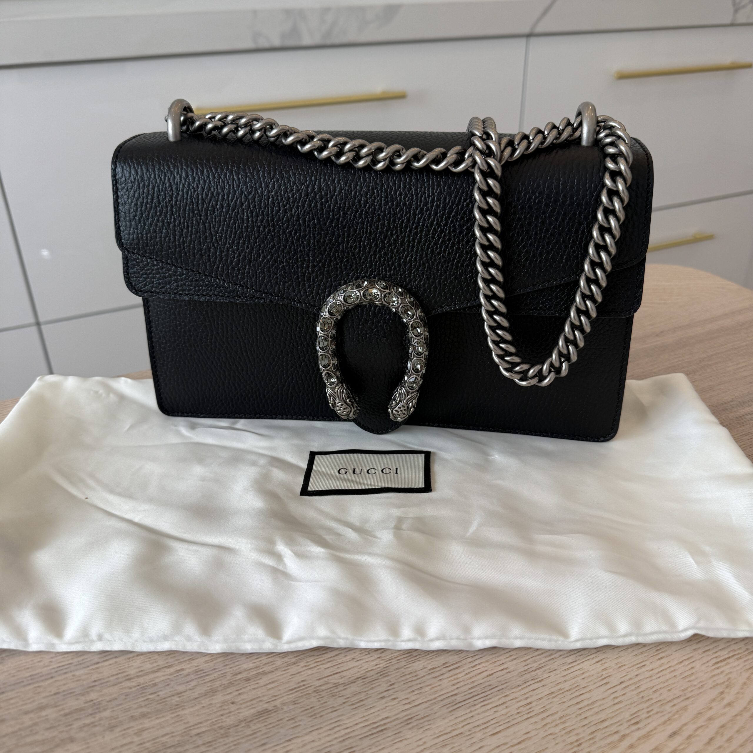 Gucci Black Leather Dionysus Small Shoulder Bag Crystals