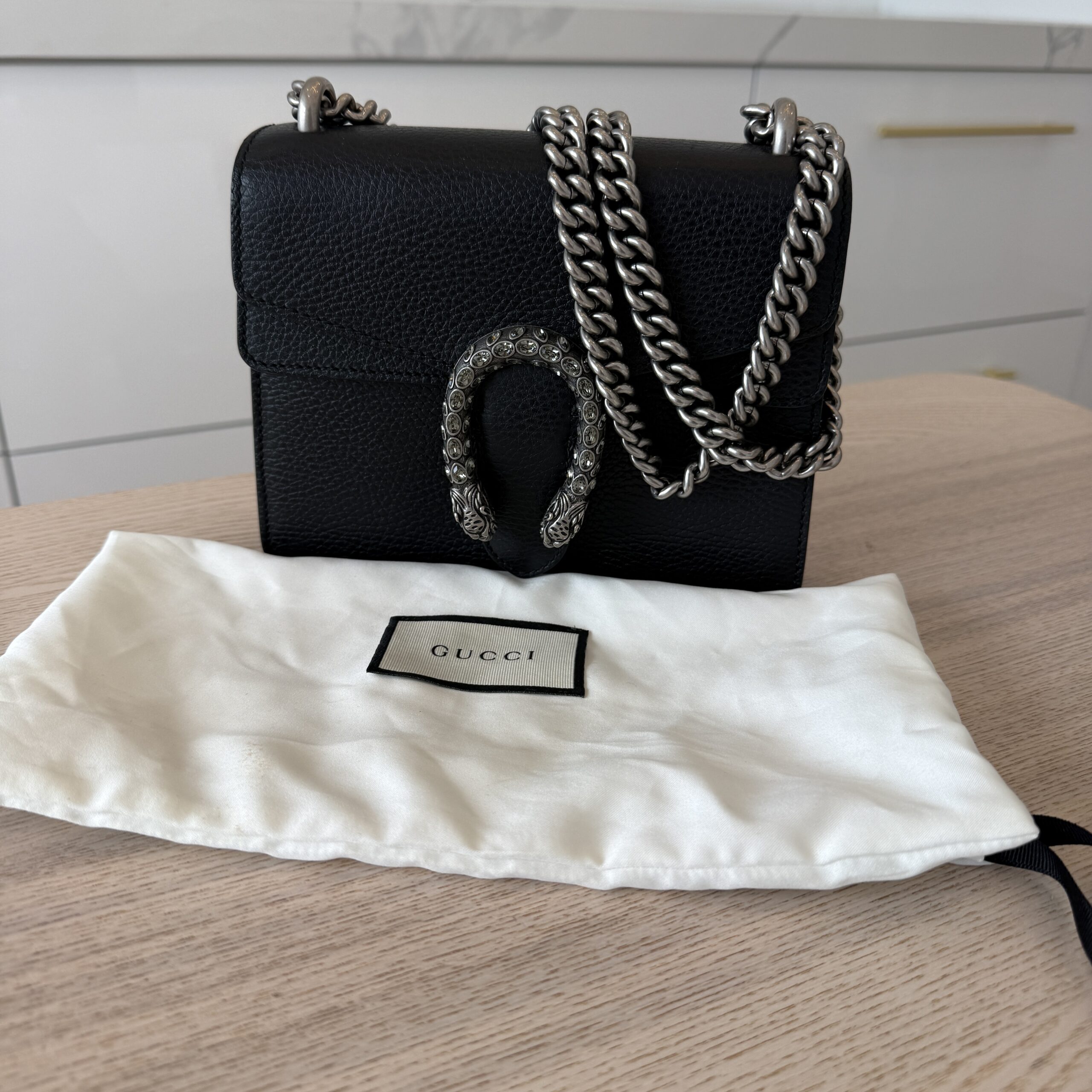 Gucci GG Black Leather Mini Dionysus Shoulder Bag Crystals