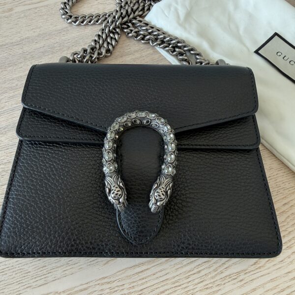 Gucci GG Black Leather Mini Dionysus Shoulder Bag Crystals