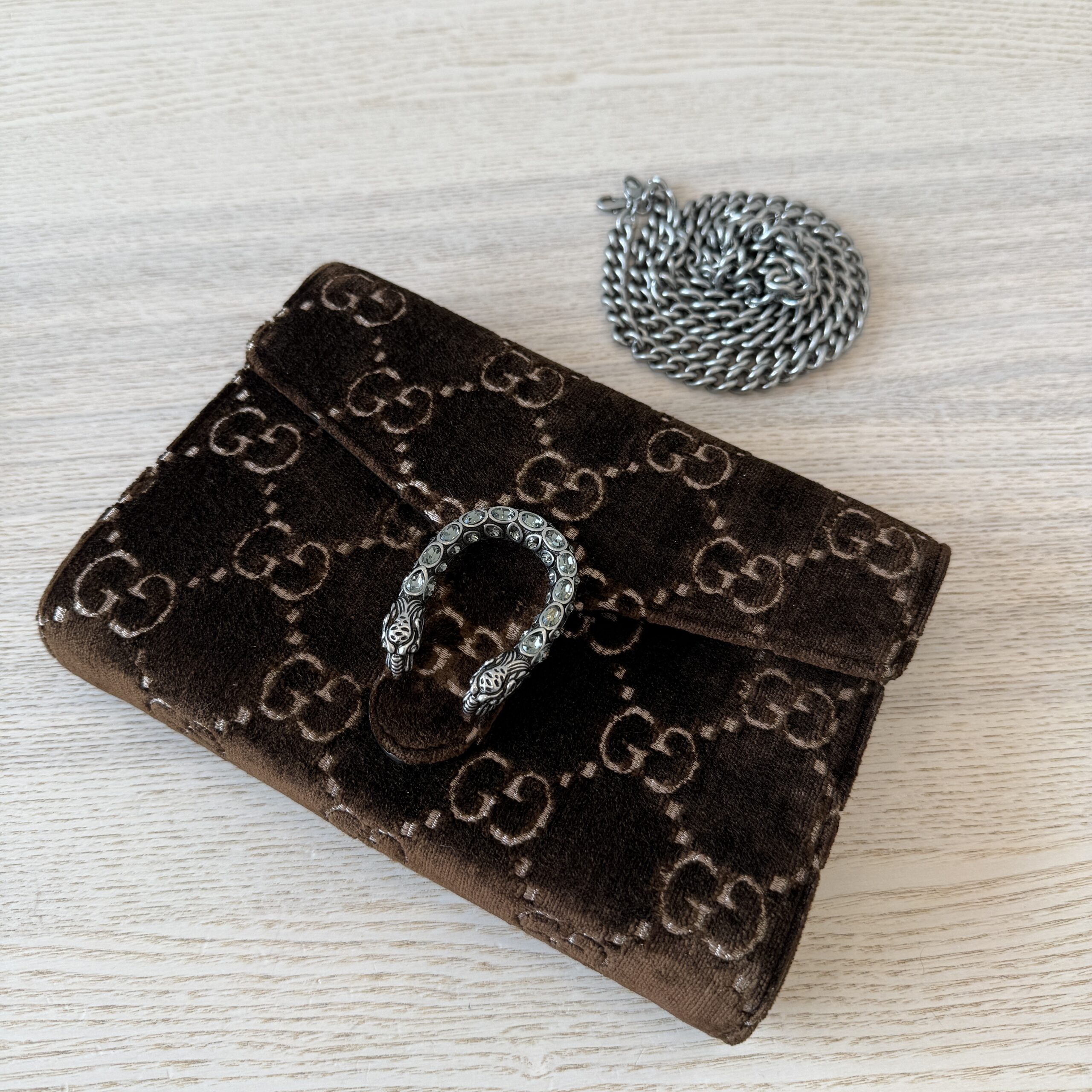 Gucci Dionysus Chain Wallet GG Velvet Small Brown Crystals