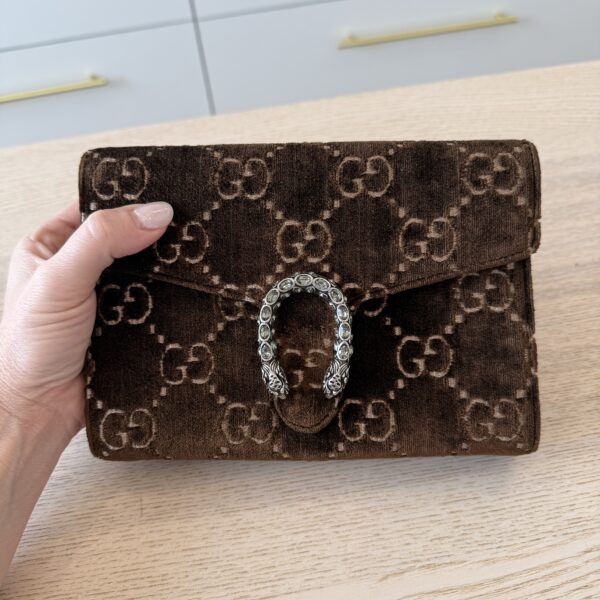 Gucci Dionysus Chain Wallet GG Velvet Small Brown Crystals