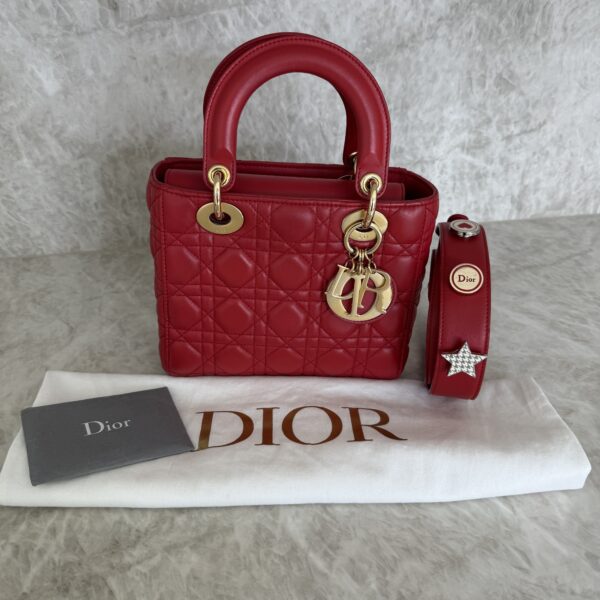 Christian Dior Lambskin Cannage Small Lady Dior Dark Red Gold Hardware Lucky Badges Strap