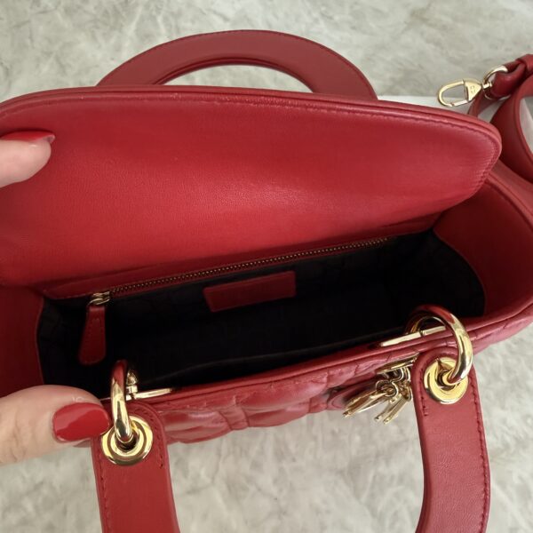 Christian Dior Lambskin Cannage Small Lady Dior Dark Red Gold Hardware Lucky Badges Strap