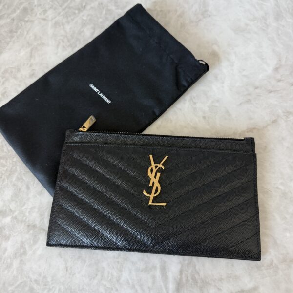 Saint Laurent (YSL) Grain De Poudre Chevron Monogram Bill Pouch Black