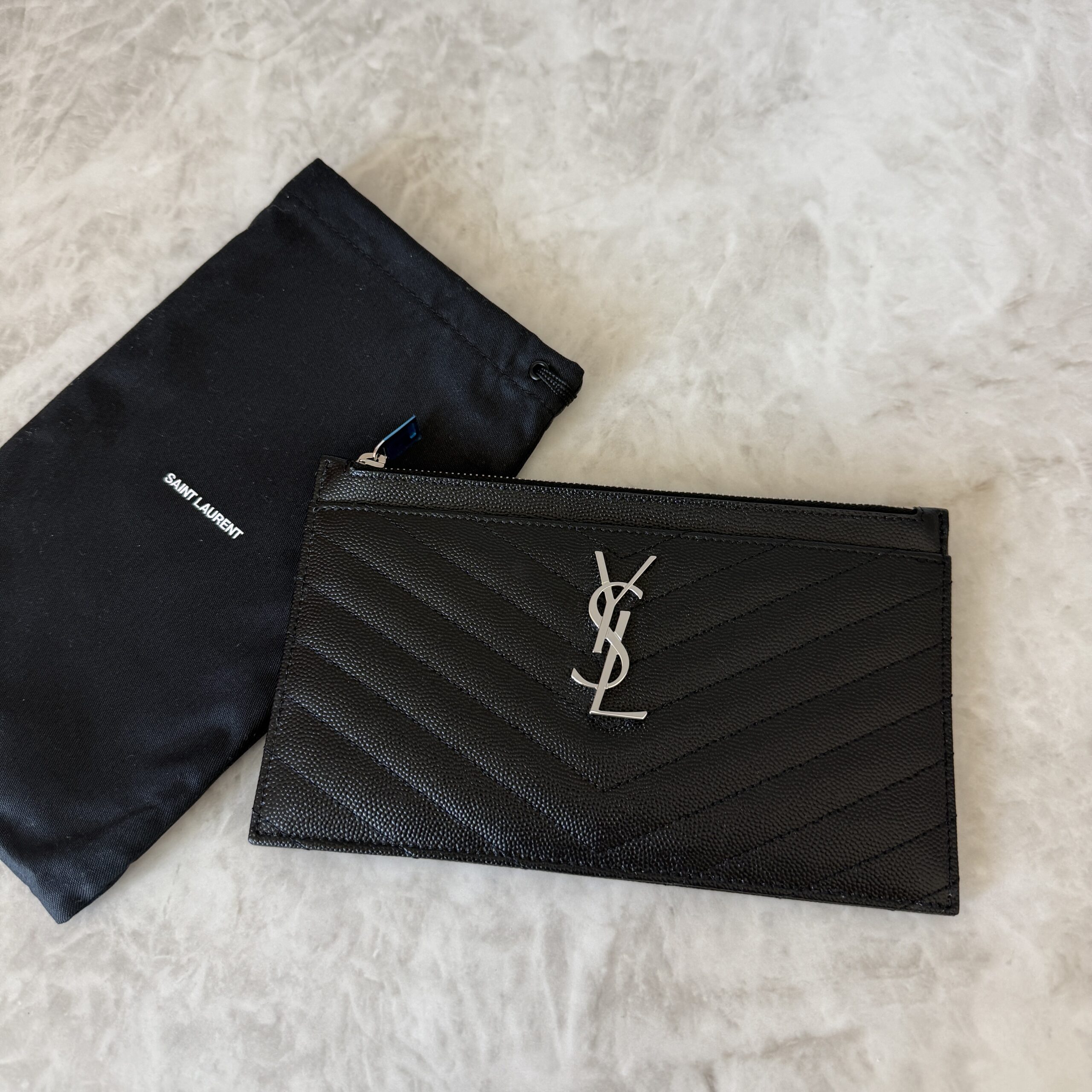 Saint Laurent (YSL) Grain De Poudre Chevron Monogram Bill Pouch Black Silver Hardware