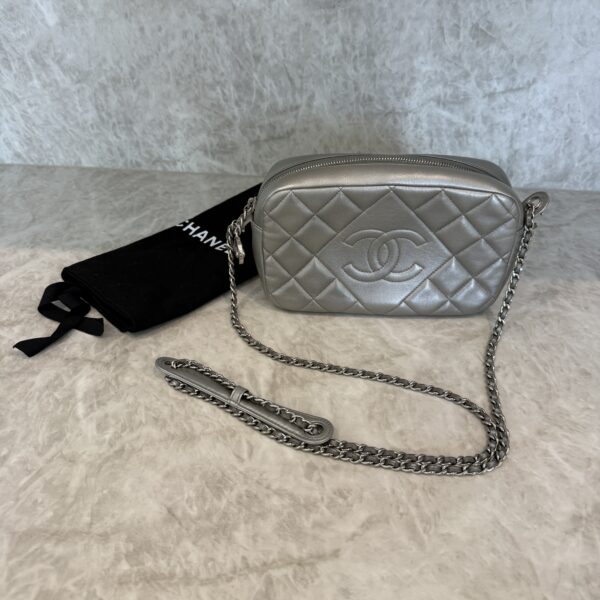 Chanel Metallic Calfskin Quilted Small Ballerine Camera Case Grey