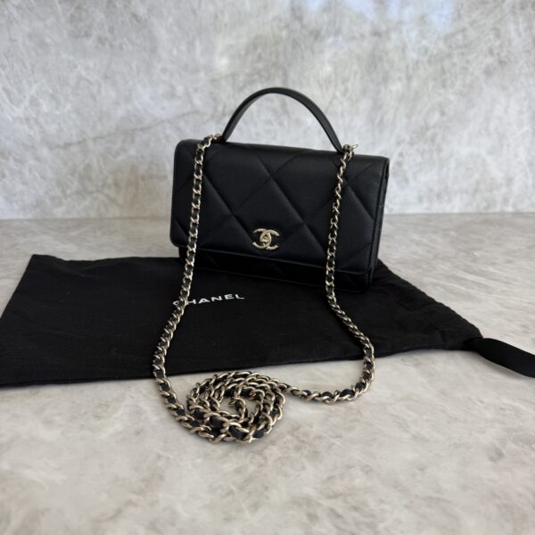 Chanel Shiny Caviar Quilted Turnlock Top Handle Wallet On Chain WOC Black