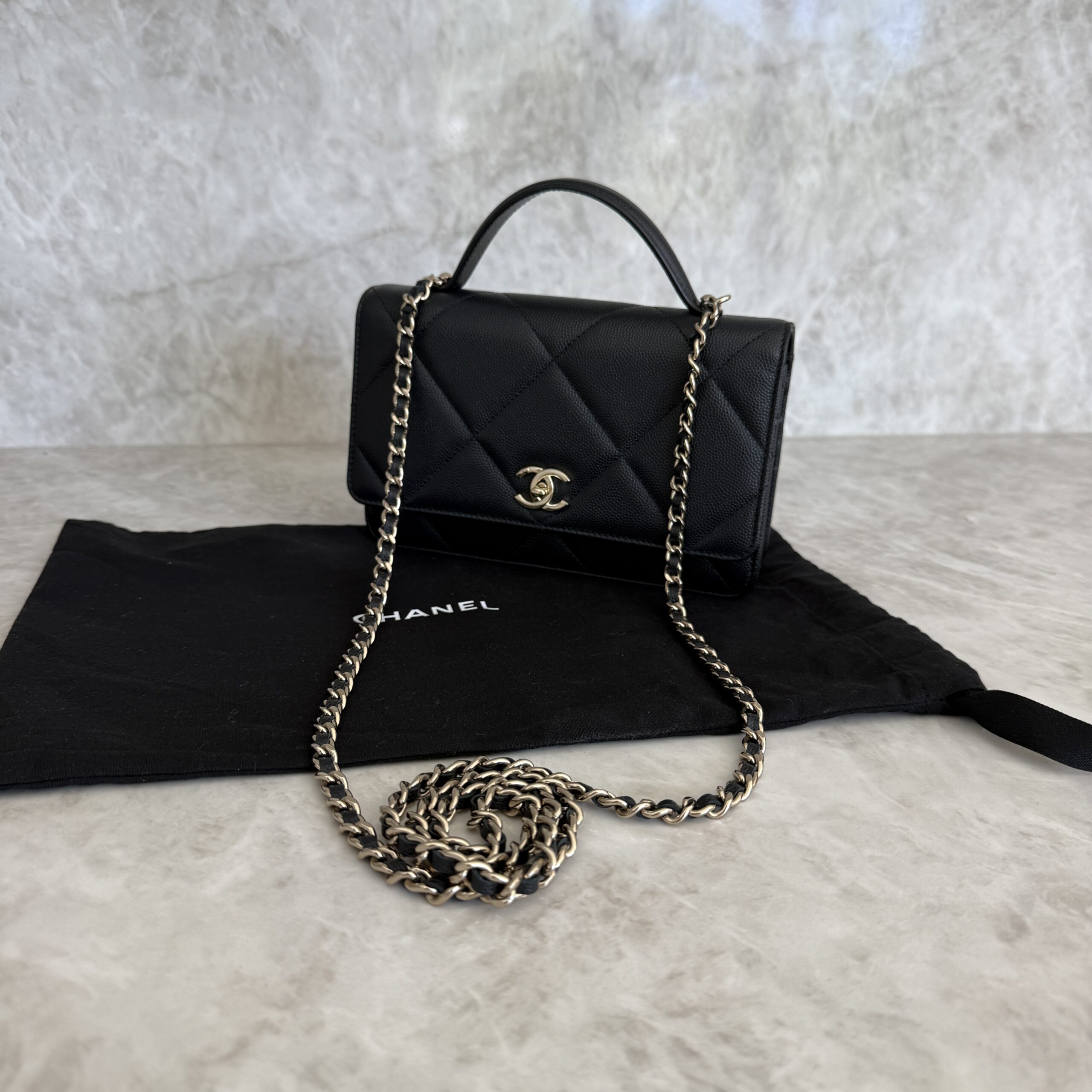 Chanel Shiny Caviar Quilted Turnlock Top Handle Wallet On Chain WOC Black