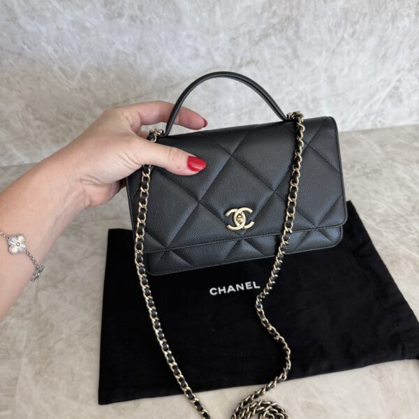 Chanel Shiny Caviar Quilted Turnlock Top Handle Wallet On Chain WOC Black