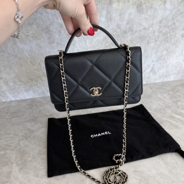 Chanel Shiny Caviar Quilted Turnlock Top Handle Wallet On Chain WOC Black