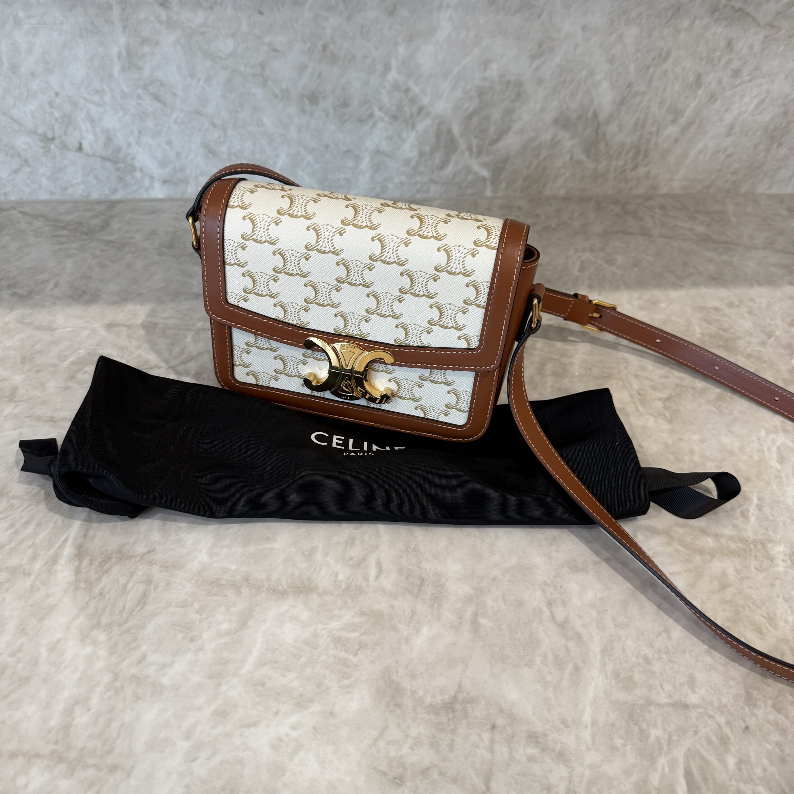 Celine Calfskin Triomphe Canvas Teen Triomphe Bag White