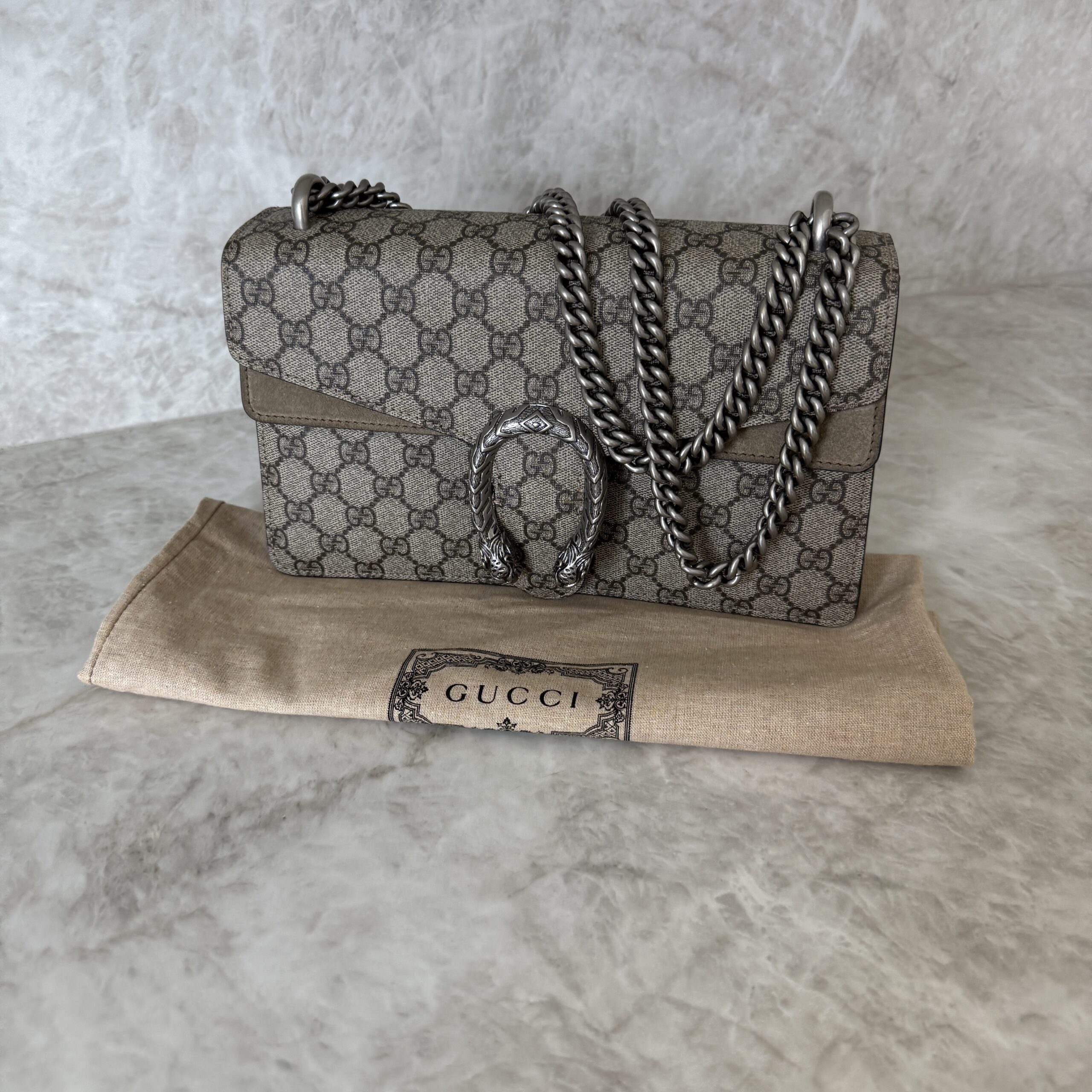Gucci GG Supreme Monogram Small Dionysus Shoulder Bag Taupe