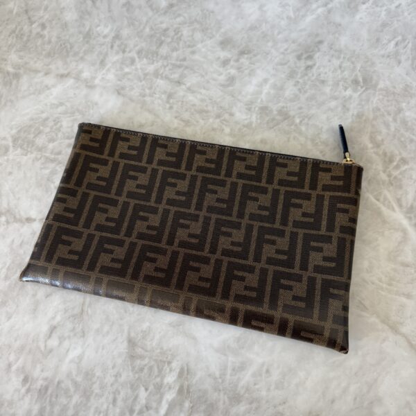 Fendi Glazed Fabric Vitello Century FF 1974 Stamp Patch Large Flat Pouch Mogano Panna Black
