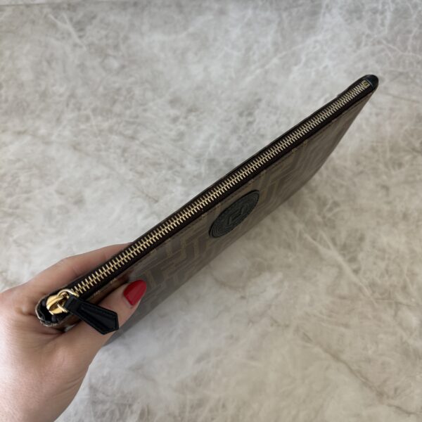 Fendi Glazed Fabric Vitello Century FF 1974 Stamp Patch Large Flat Pouch Mogano Panna Black