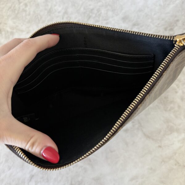 Fendi Glazed Fabric Vitello Century FF 1974 Stamp Patch Large Flat Pouch Mogano Panna Black