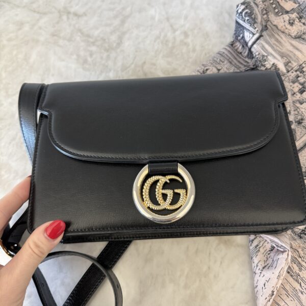 Gucci Textured Calfskin Small Torchon GG Ring Shoulder Bag Black