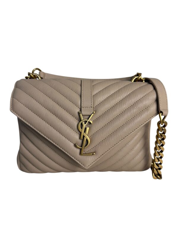 Length: 9.5 in Saint Laurent (YSL) Sheepskin Matelasse Chevron Monogram Medium College Bag Dark BeigeWidth: 1.75 in Drop: 2.5 in Drop: 22 in
