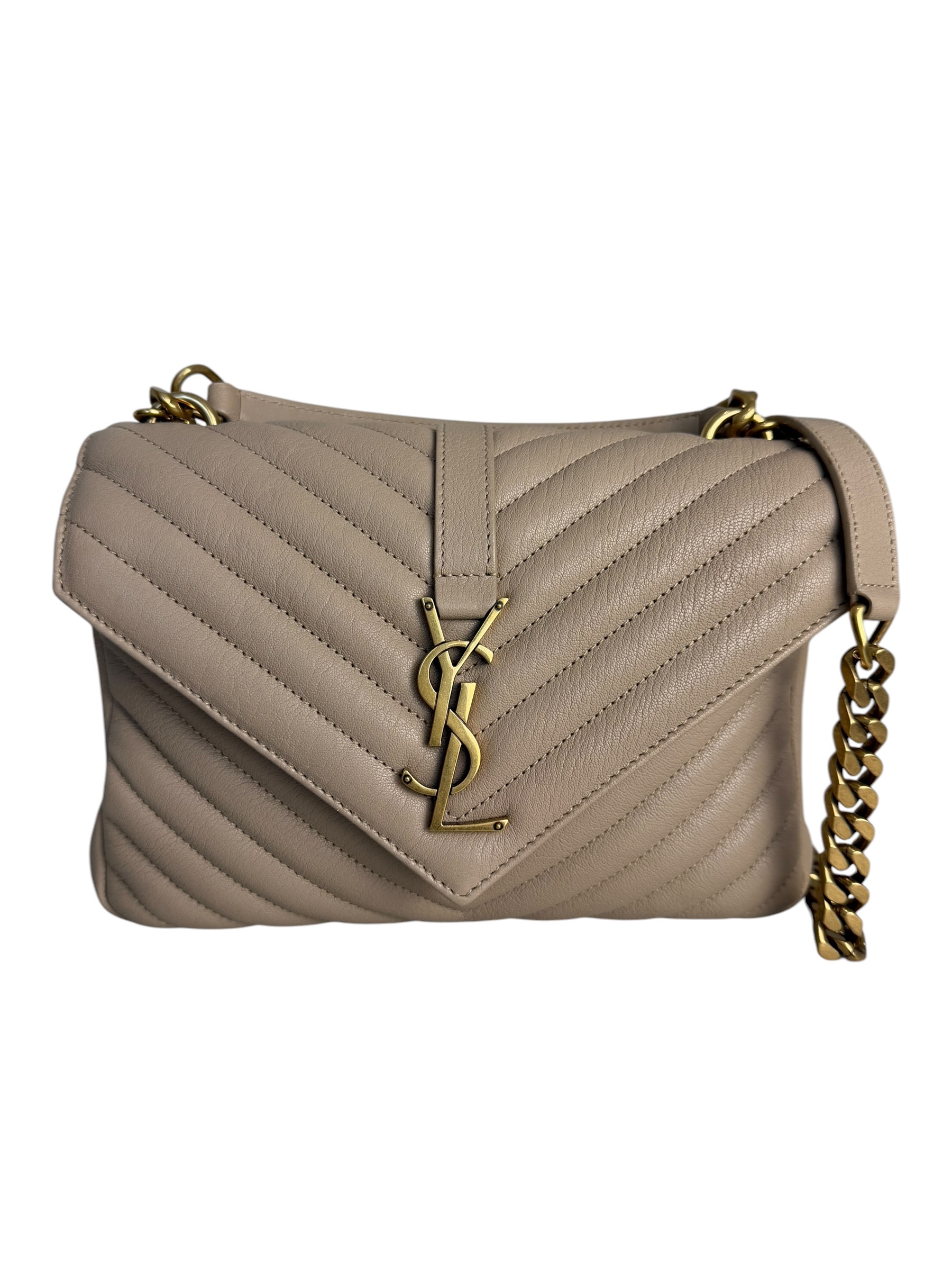 Length: 9.5 in Saint Laurent (YSL) Sheepskin Matelasse Chevron Monogram Medium College Bag Dark BeigeWidth: 1.75 in Drop: 2.5 in Drop: 22 in