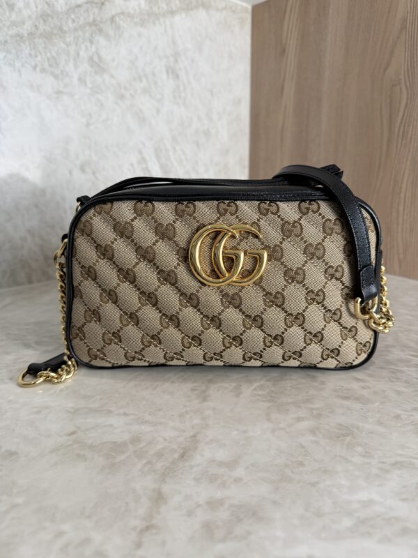 Gucci Monogram Matelasse Diagonal Small GG Marmont Chain Shoulder Bag Beige Black