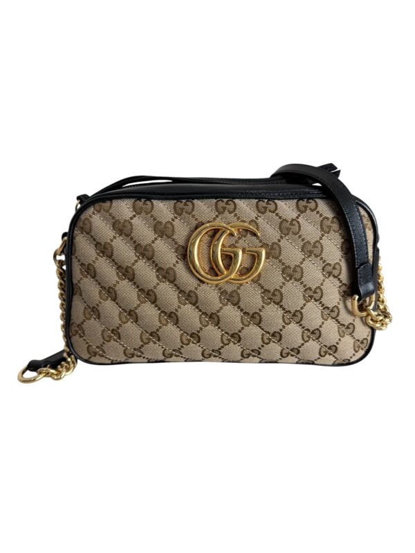 Gucci Monogram Matelasse Diagonal Small GG Marmont Chain Shoulder Bag Beige Black