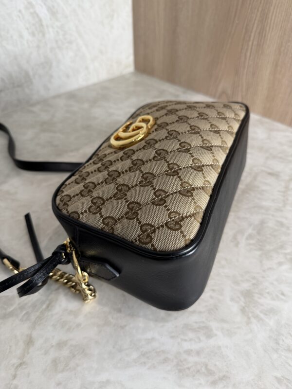 Gucci Monogram Matelasse Diagonal Small GG Marmont Chain Shoulder Bag Beige Black