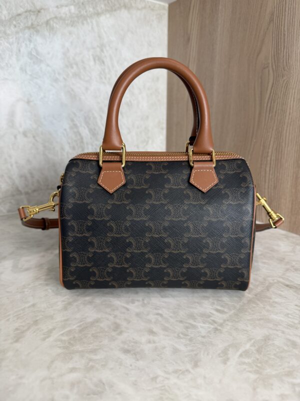 Celine Triomphe Canvas Calfskin Small Boston Bag Tan