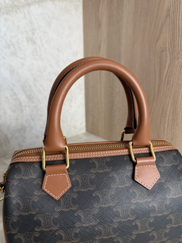 Celine Triomphe Canvas Calfskin Small Boston Bag Tan