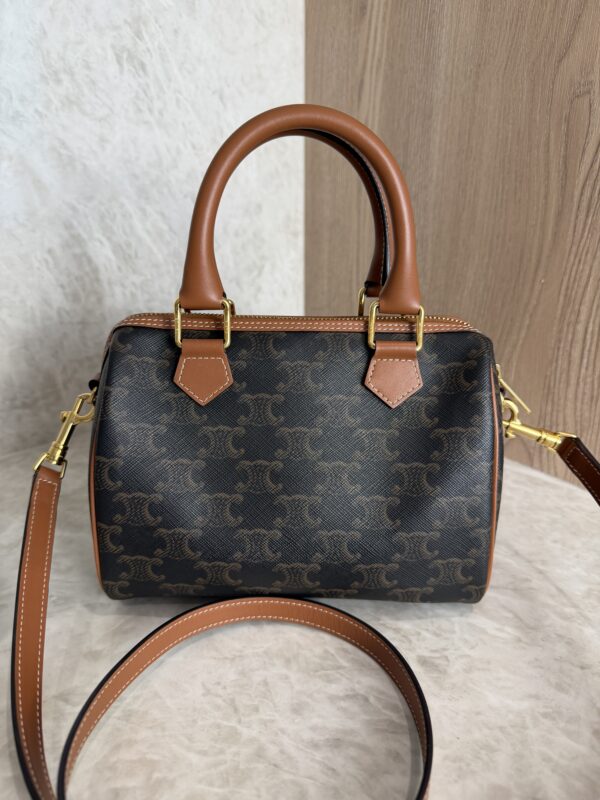 Celine Triomphe Canvas Calfskin Small Boston Bag Tan