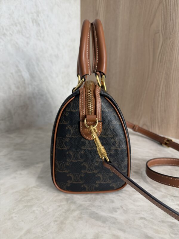 Celine Triomphe Canvas Calfskin Small Boston Bag Tan
