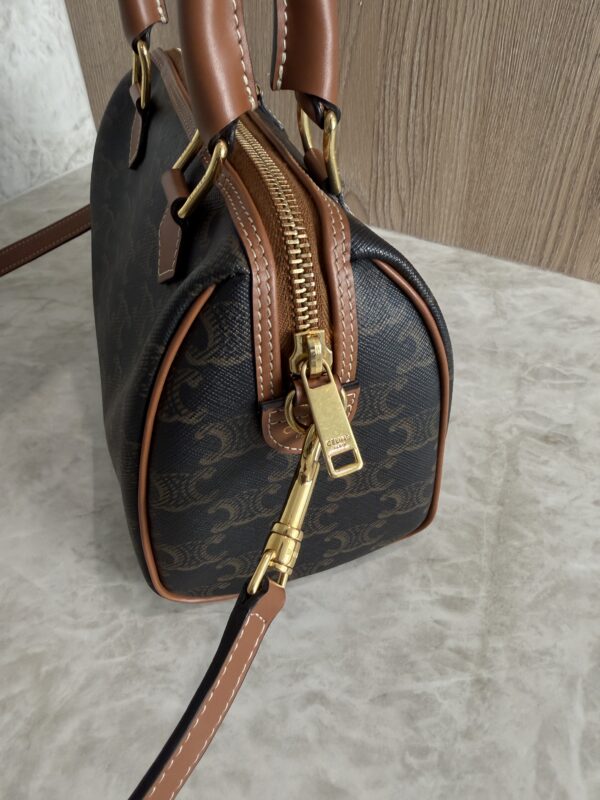 Celine Triomphe Canvas Calfskin Small Boston Bag Tan