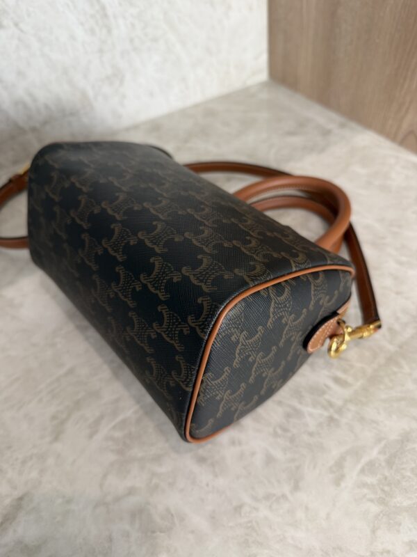 Celine Triomphe Canvas Calfskin Small Boston Bag Tan