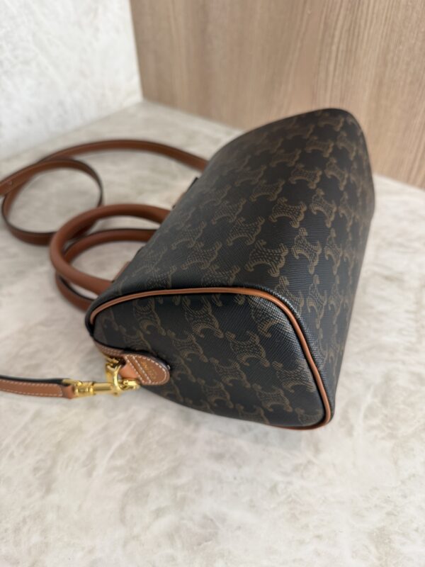 Celine Triomphe Canvas Calfskin Small Boston Bag Tan