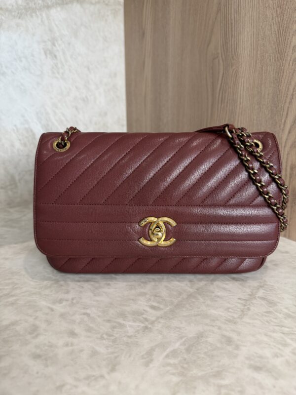 Chanel Shiny Goatskin Diagonal Quilted Medium Flap Burgundy