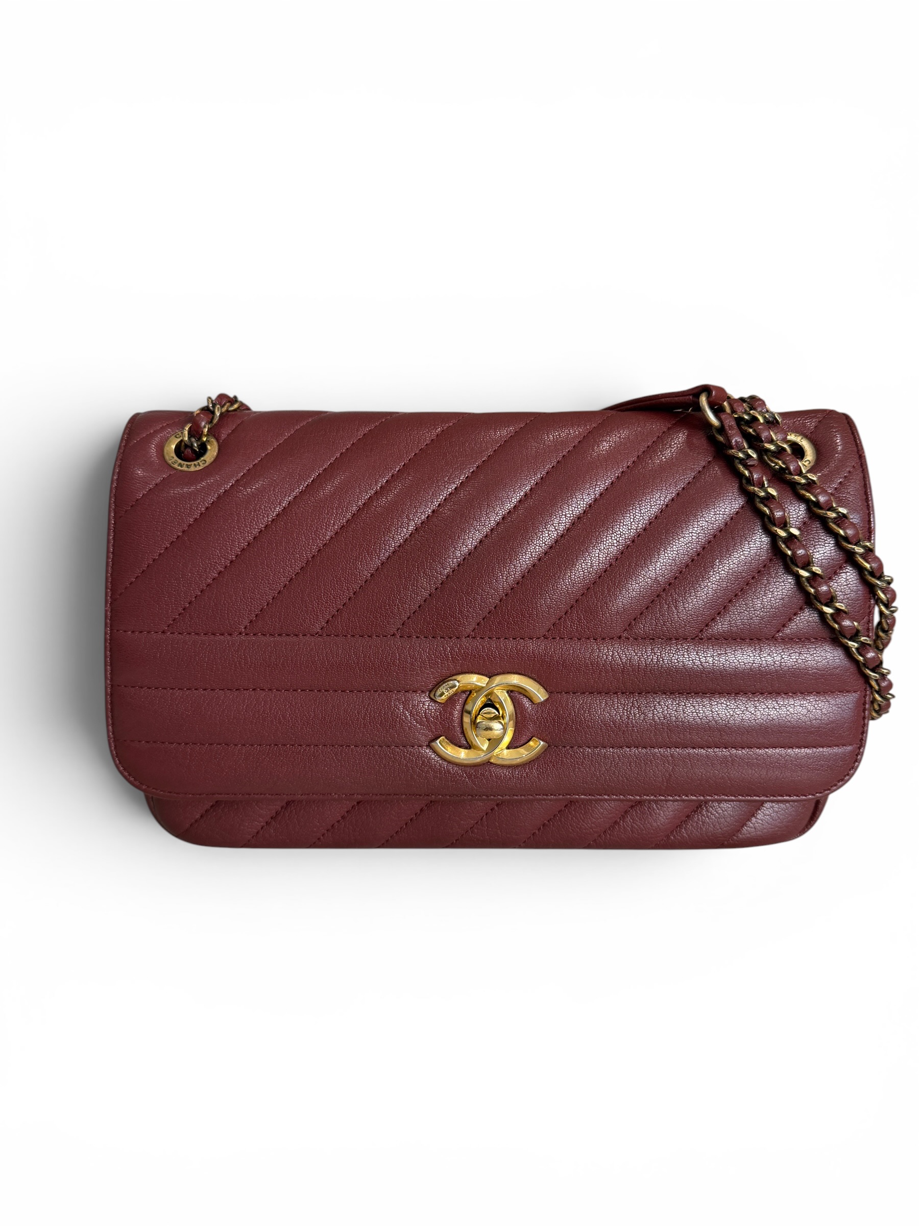 Chanel Shiny Goatskin Diagonal Quilted Medium Flap Burgundy
