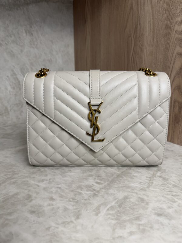Saint Laurent (YSL) Textured Mixed Matelasse Medium Triquilt Monogram Satchel Blanc Vintage