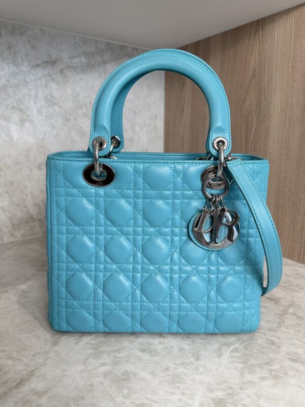 Christian Dior Lambskin Cannage Medium Lady Dior Silver Hardware Turquoise