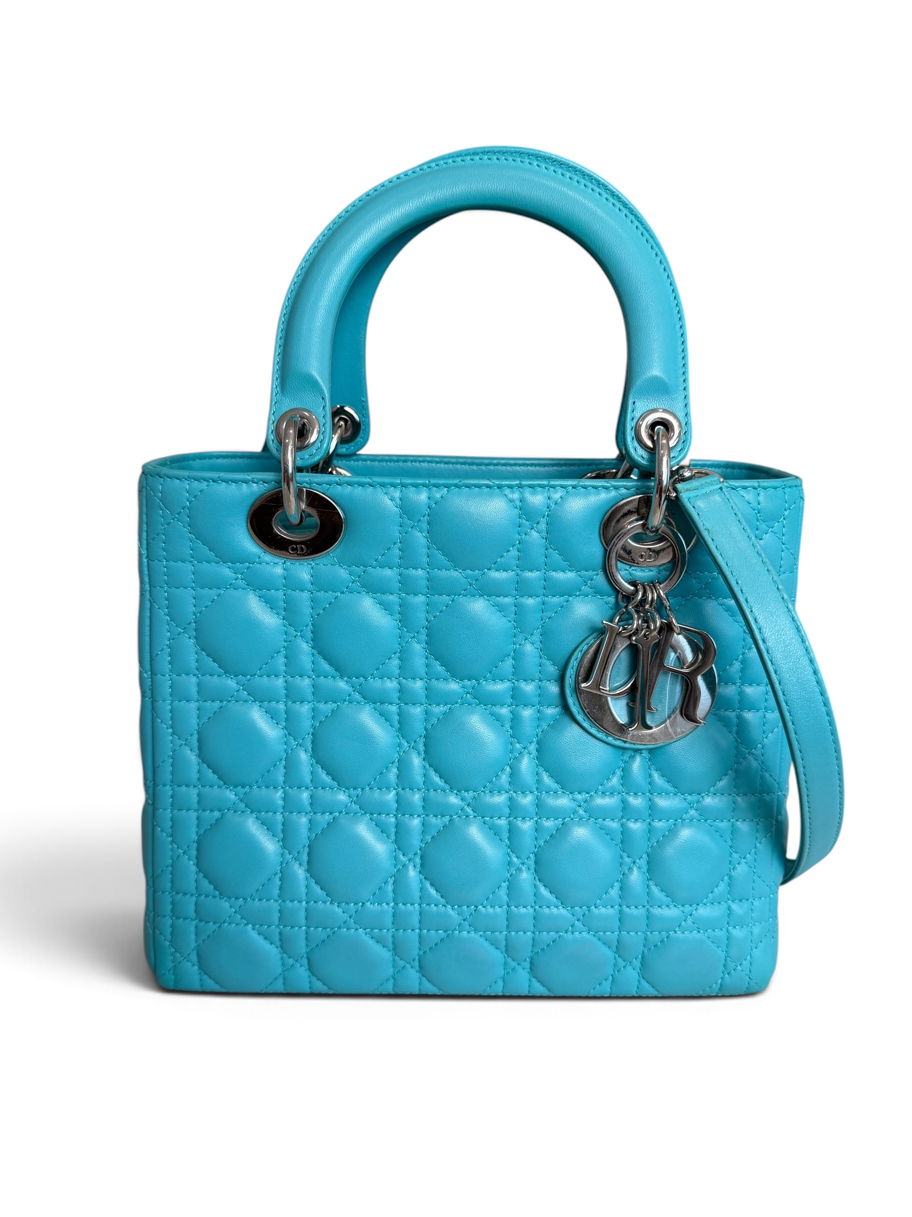 Christian Dior Lambskin Cannage Medium Lady Dior Silver Hardware Turquoise