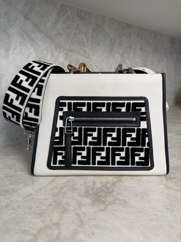 Fendi Vitello Flocked Small Runaway Satchel Black and White