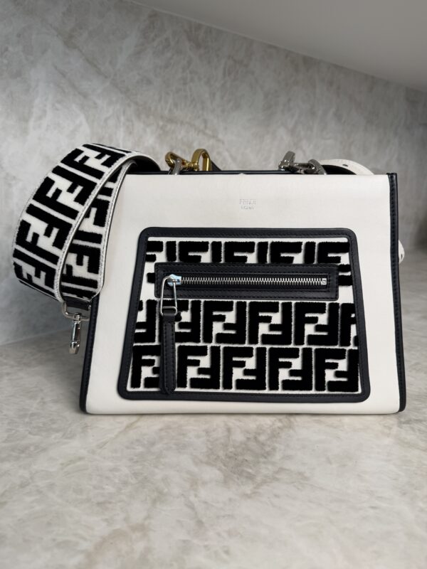 Fendi Vitello Flocked Small Runaway Satchel Black and White