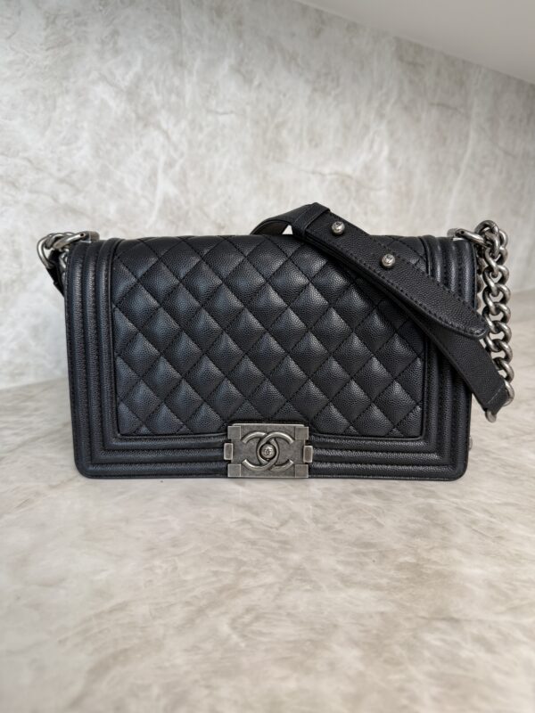 Chanel Boy Flap Bag Quilted Caviar Old Medium Palladium Hardware