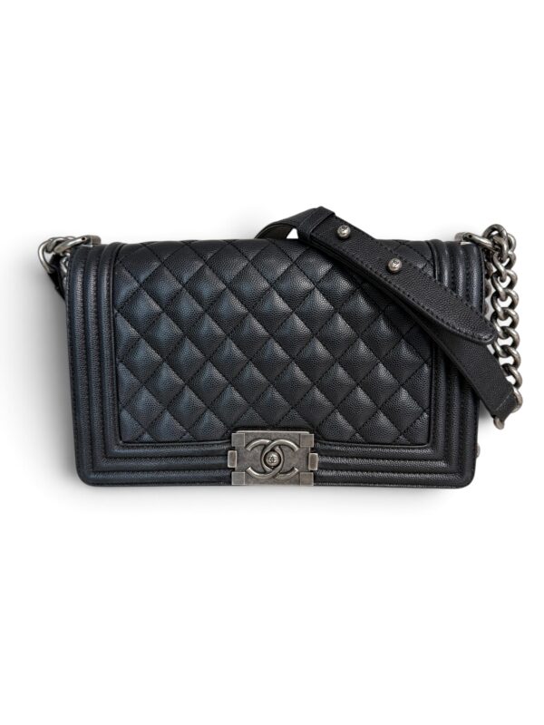Chanel Boy Flap Bag Quilted Caviar Old Medium Palladium Hardware