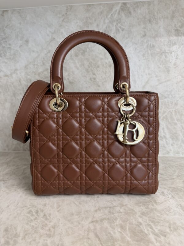 Christian Dior Lambskin Cannage Medium Lady Dior Dark Caramel